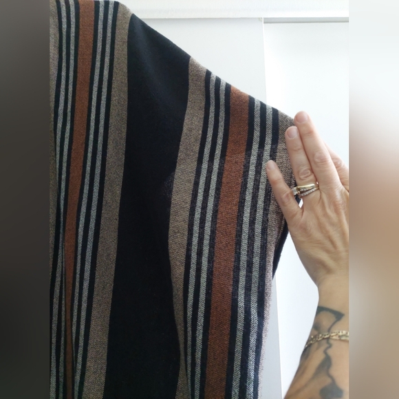 Black Brown Stripes Open Front  Bohemian Aztec Kimono Poncho Wearable Scarf - Picture 7 of 9